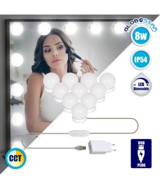 GloboStar® 79047 Φωτιστικό Γιρλάντα με 10 Γλομπάκια για Μακιγιάζ - Καθρέπτη LED 8W 800lm DC 5V με Καλώδιο Τροφοδοσίας USB - Ενσωματωμένο Χειριστήριο Εναλλαγής Χρωμάτων & USB Wall Adapter Αδιάβροχο IP54 CCT Θερμό 2700K έως Ψυχρό 6000K Dimmable